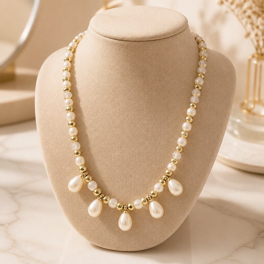 Signed Plunder Design "Pearls Plus" Gold-Tone Beaded Drop Necklace